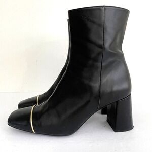 Ana Palma Black Leather Square Toe Gold Trim Block Heel Ankle Boot Spain Size 40
